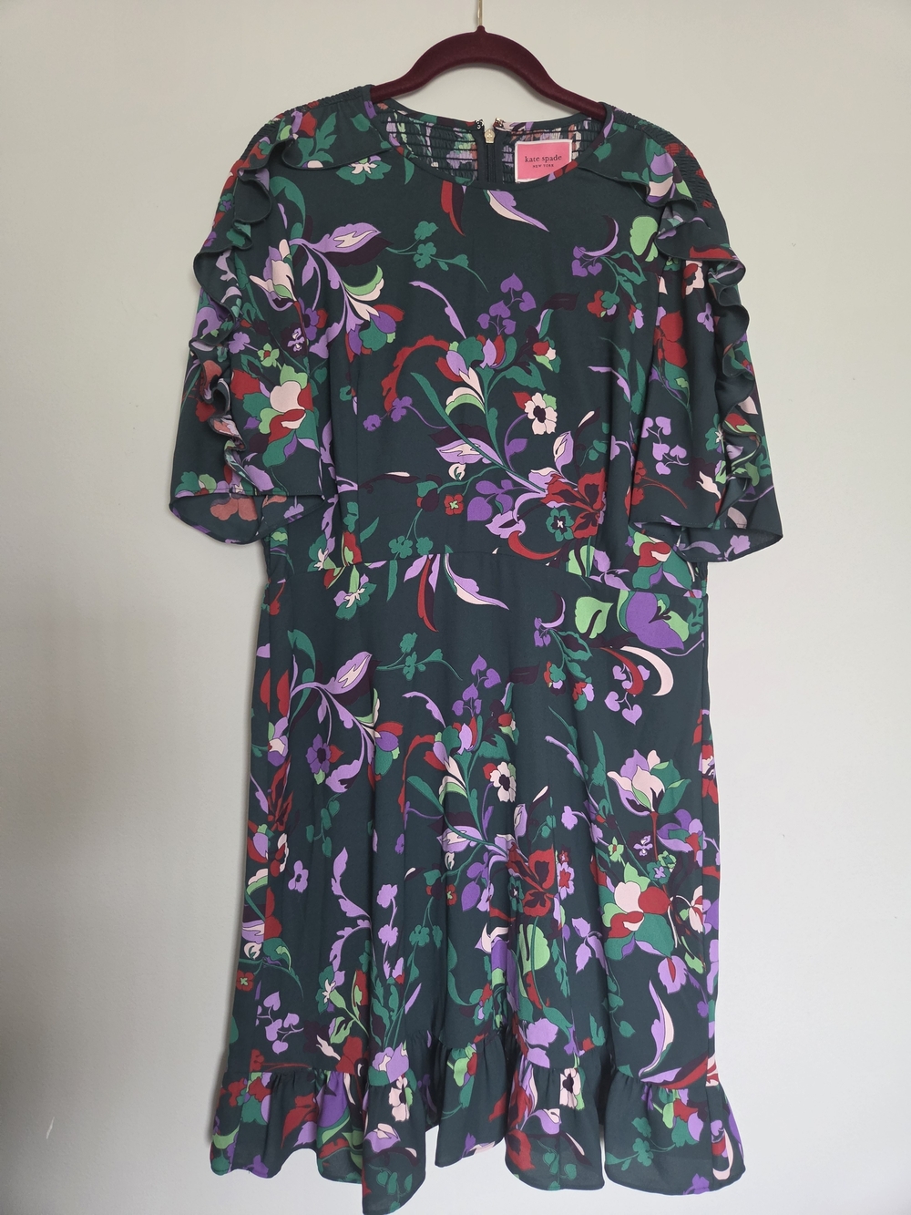 Kate Spade Floral Ruffle-Trim Green Midi Dress